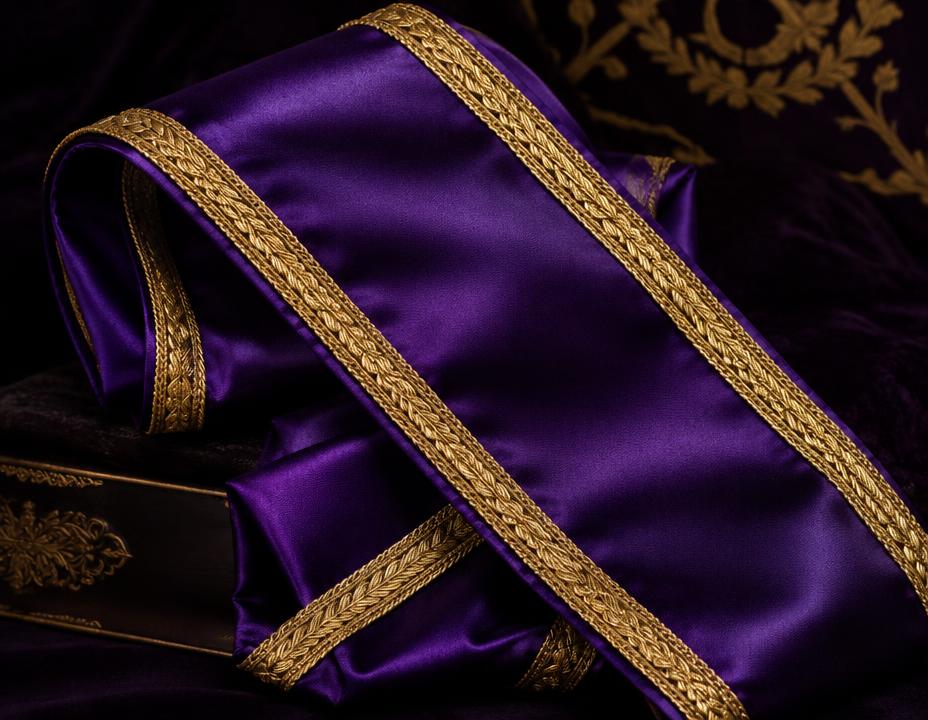 Purple satin ceremonial sash with gold braided trim